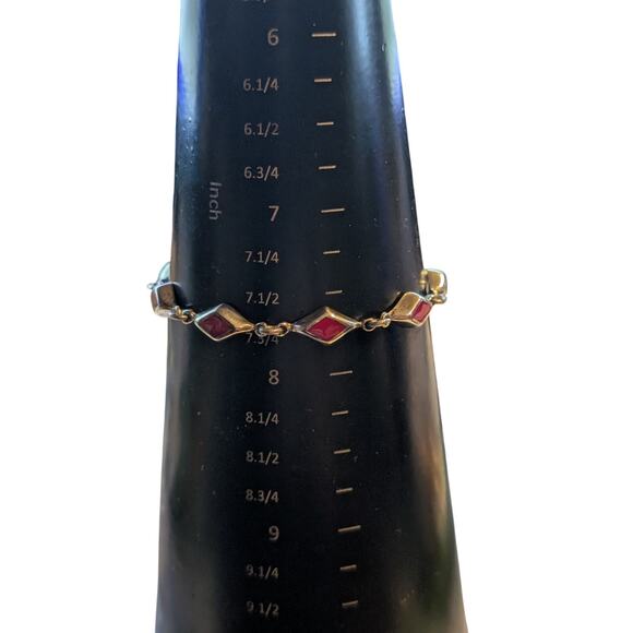 925 Sterling Silver Mexico Red Coral Inlay Diamond Shape Link Box Clasp Bracelet - Picture 6 of 7